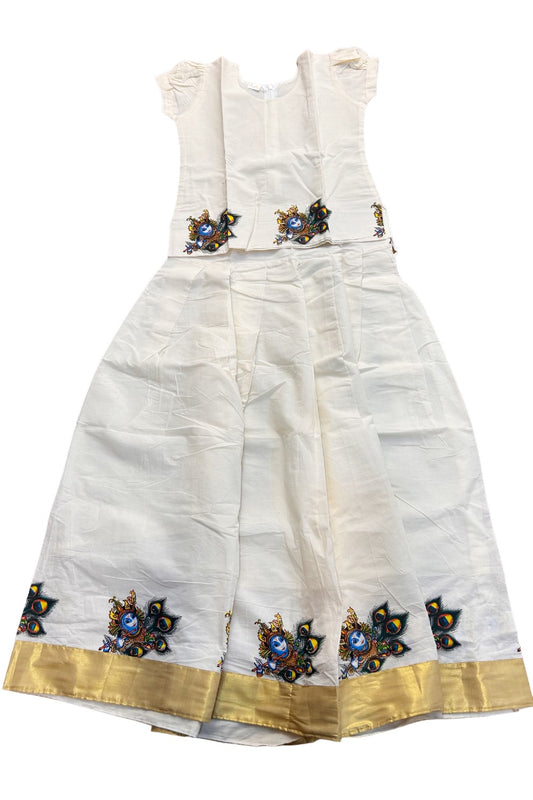 Midukki-Traditional South Indian Kids Pattu Pavada- offwhite top with krishna print offwhite skirt with kasavu krishna print - Age 12 - KK12MID0011