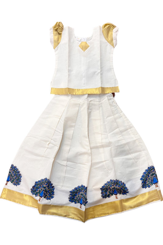 Midukki-Traditional South Indian Kids Pattu Pavada- Offwhite top offwhite skirt with kasavu peacock print - Age 7 - KK7MID0011