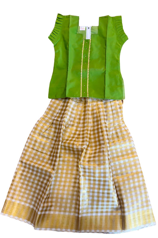 Midukki-Traditional South Indian Kids Pattu Pavada- Lime green top offwhite check skirt with kasavu- Age 10 - KK10MID0011