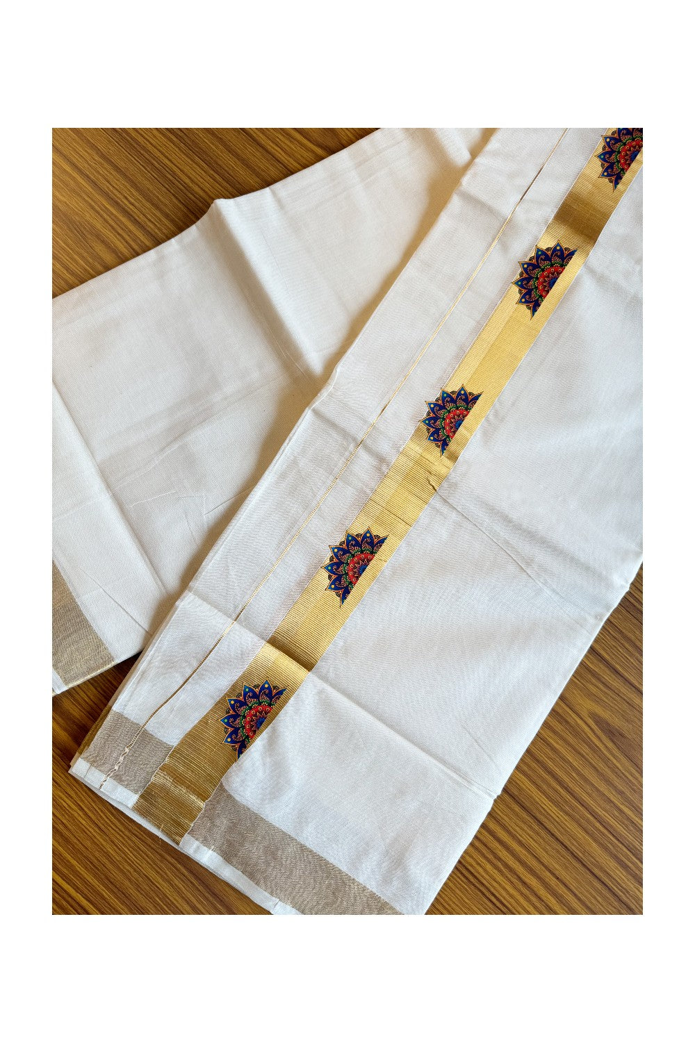 20% Discount !! KaithariKada Balaramapuram 100% Cotton Double Off white Mundu/Dhoti-80x72-  Hand Painted  Kasavu & Flower Design - 11KK207PMC