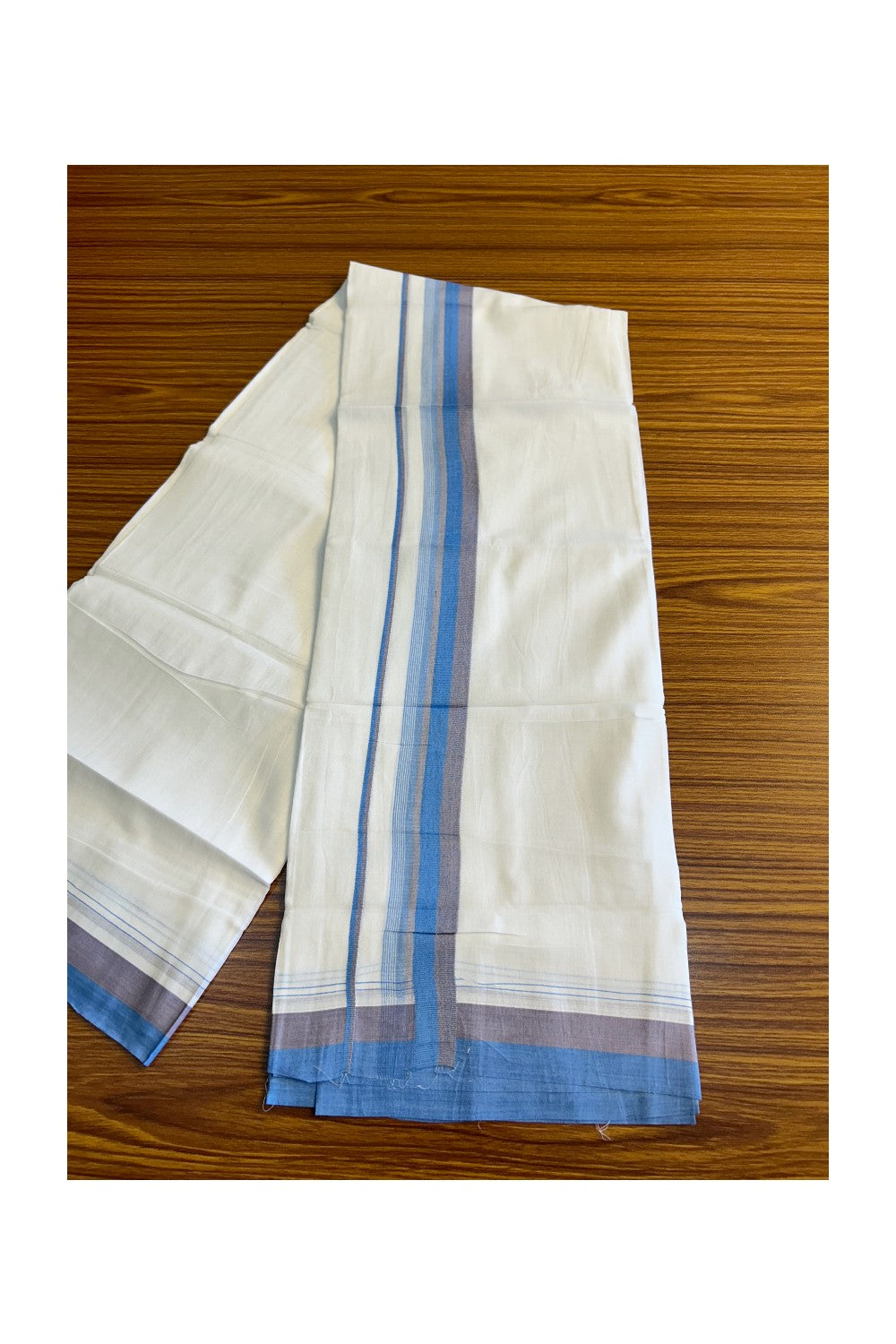 26% DISCOUNT!!! KaithariKada Balaramapuram 100% Cotton PURE white Double Mundu/Dhoti-100x90   2.5 Inch Reddish gray & Blue striped kara  - 11KK407VIN