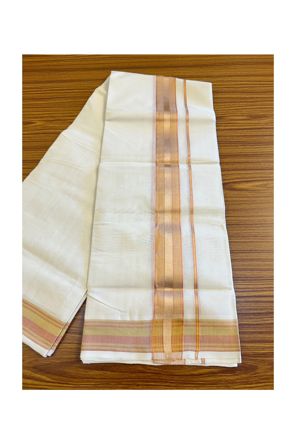 18% DISCOUNT!! KaithariKada HANDLOOM Millpaav Balaramapuram - 100% PURE Cotton OFF White Double Mundu/Dothi - 3 inch Copper & kasavu striped kara - 11KK410RAM