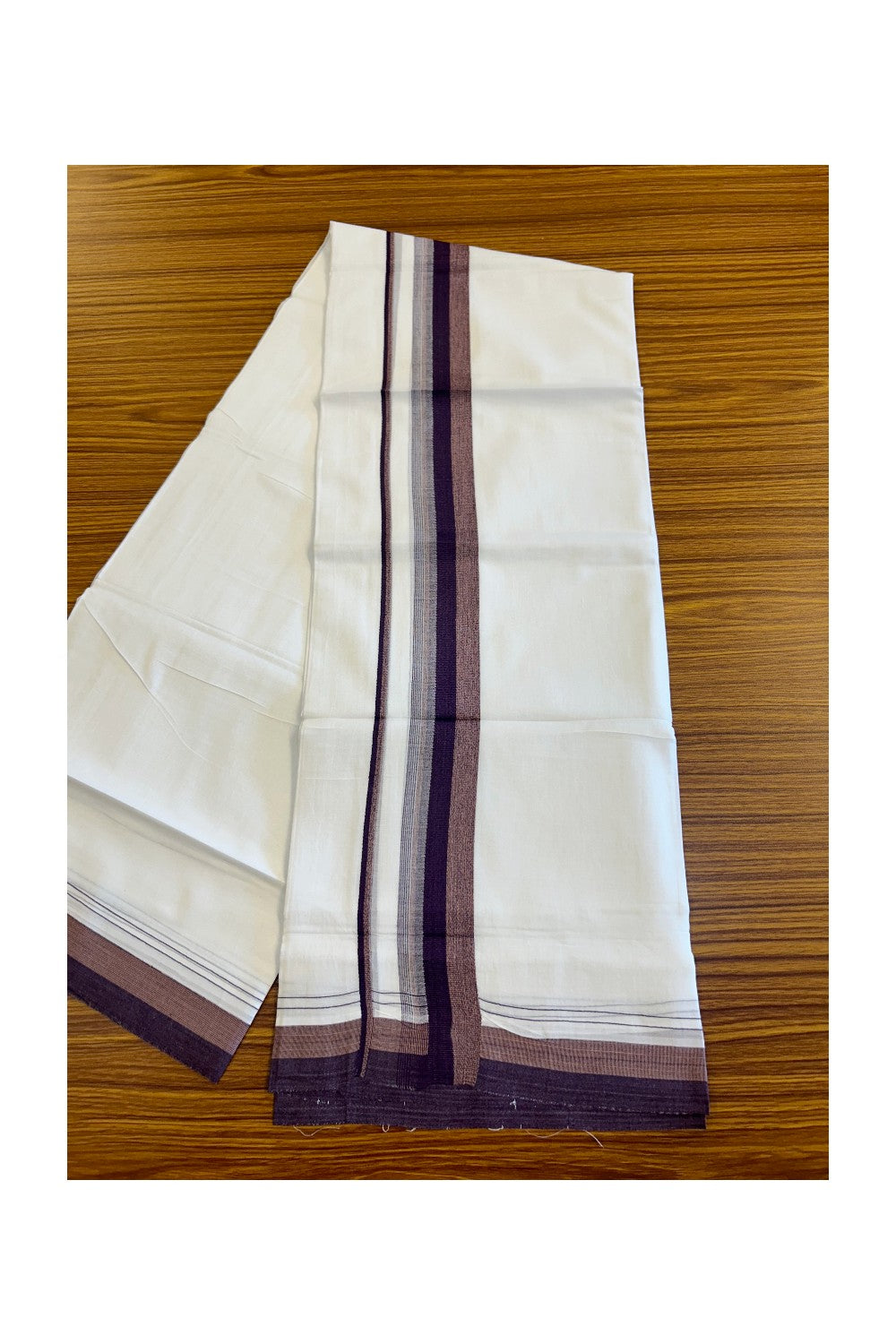 26% DISCOUNT!!! KaithariKada Balaramapuram 100% Cotton PURE white Double Mundu/Dhoti-100x90   2.25 Inch Wine Purple shaded stripes kara  - 11KK448VIN