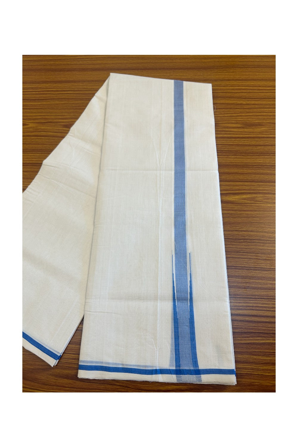 15% DISCOUNT!! KaithariKada HANDLOOM UNAKKUPAAV Balaramapuram - 100% PURE Cotton OFF White (Unbleached) Double Mundu/Dothi - Puliyilakkara chutty 1.25 inch Blue & Silver stripes - 11KK453RAM