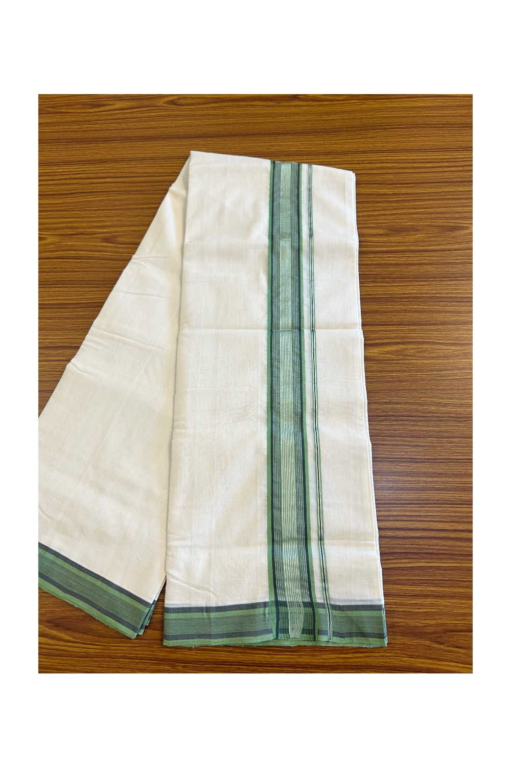 15% DISCOUNT!! KaithariKada HANDLOOM UNAKKUPAAV Balaramapuram - 100% PURE Cotton OFF White (Unbleached) Double Mundu/Dothi - Light green & Black silver striped kara - 11KK458SOM