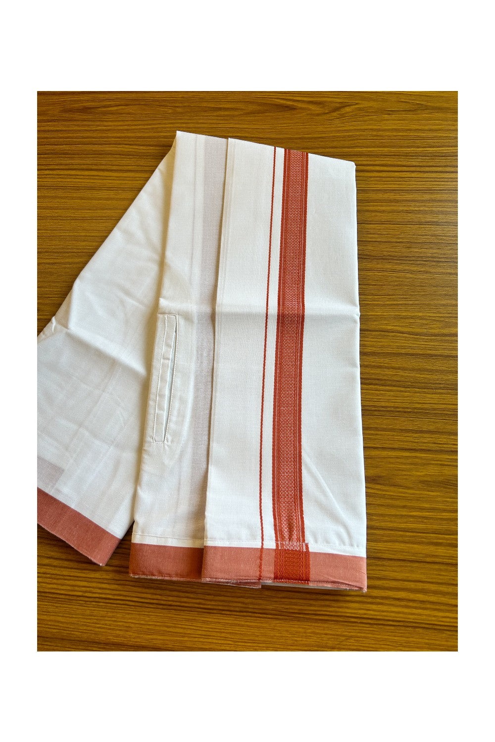 KaithariKada Balaramapuram  COTTON SINGLE PURE WHITE VELCRO Mundu/Dhoti - 1.5inch Maroon kara - 11KK485SRI