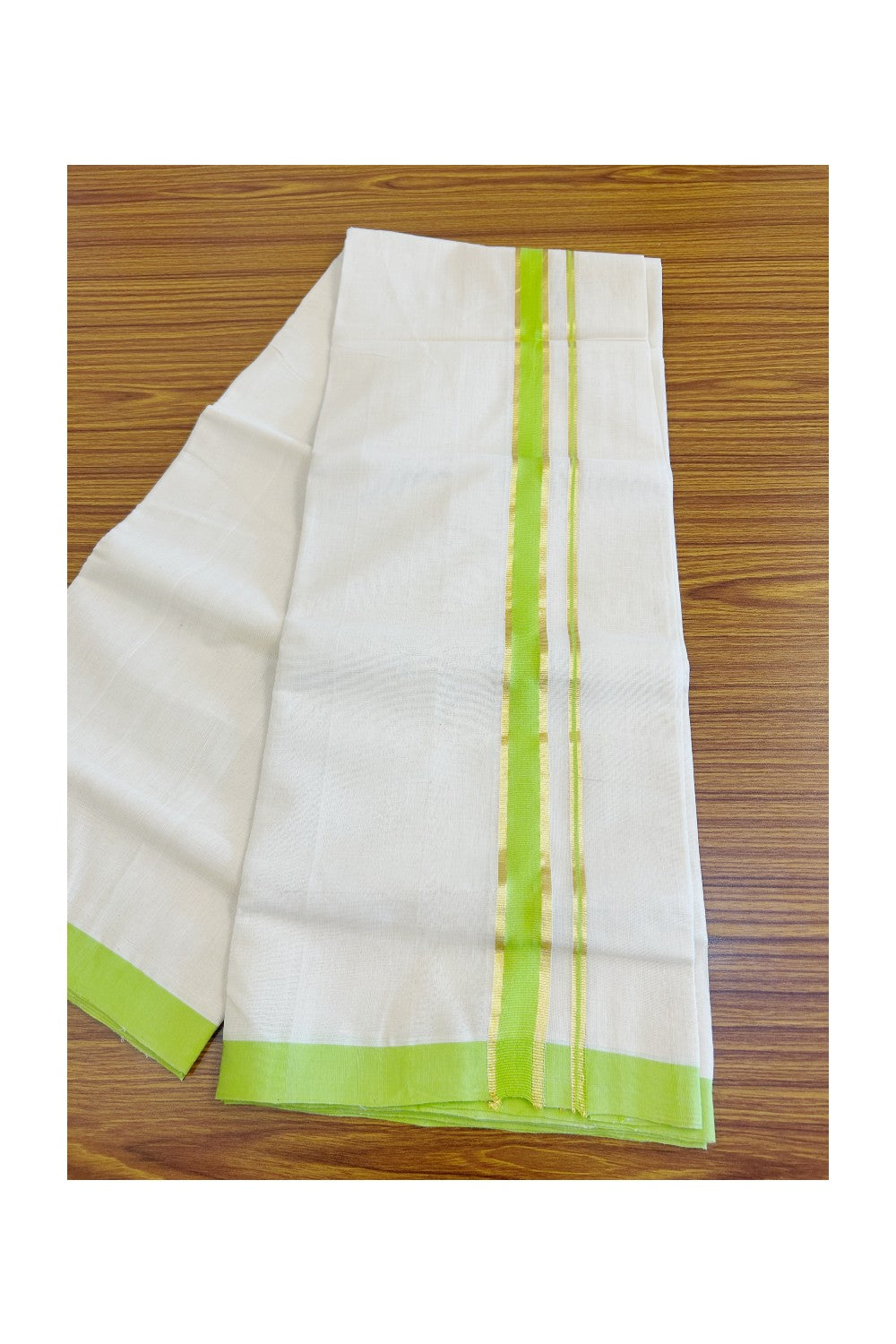 15% Discount KaithariKada HANDLOOM Unakkupaav Balaramapuram - 100% PURE Cotton Off White - (Unbleached) Double Mundu/Dhoti - 1.85 inch Kasavu & Light Green Kara- 11KK498KK