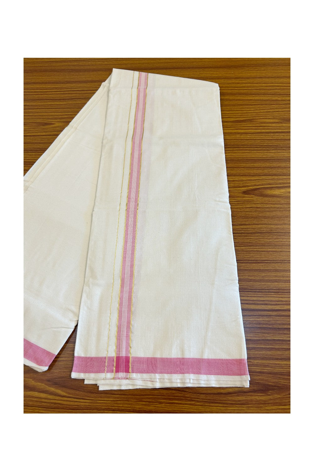 32% Discount KaithariKada 100% Cotton Balaramapuram HANDLOOM Single Mundu/Dhoti - Off White (Unbleached) 1.25 inch Kasavu & Pink Striped Kara  - 11KK499KK