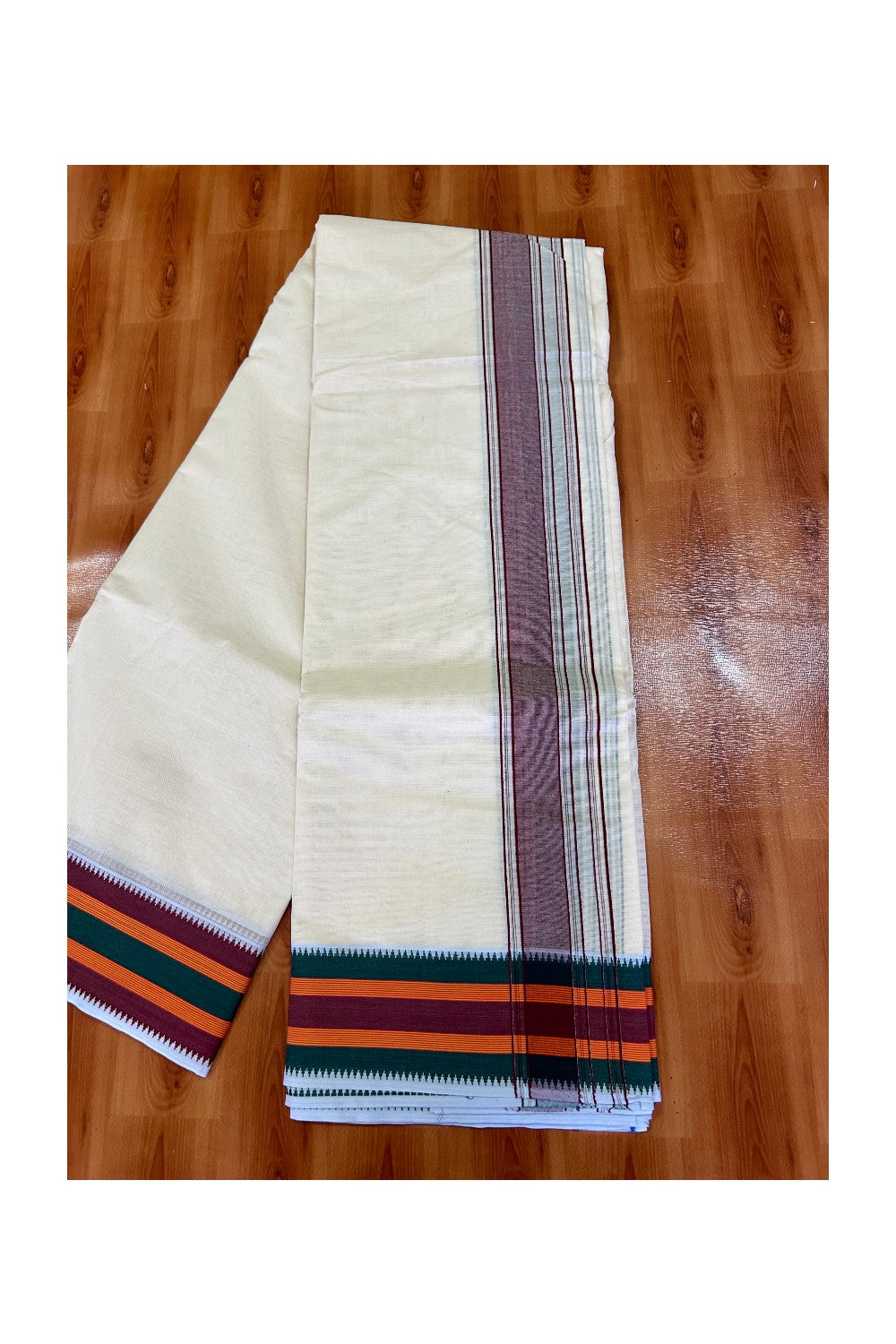 37% DISCOUNT! KaithariKada 100% Cotton Off White - (Unbleached) - Pure Cotton -100x100 thread -  NORTH INDIAN -  ATTACHED GAMCHA 10x6 Dhoti Maroon kara with Green Orange & Maroon border - 11KK5004PMC