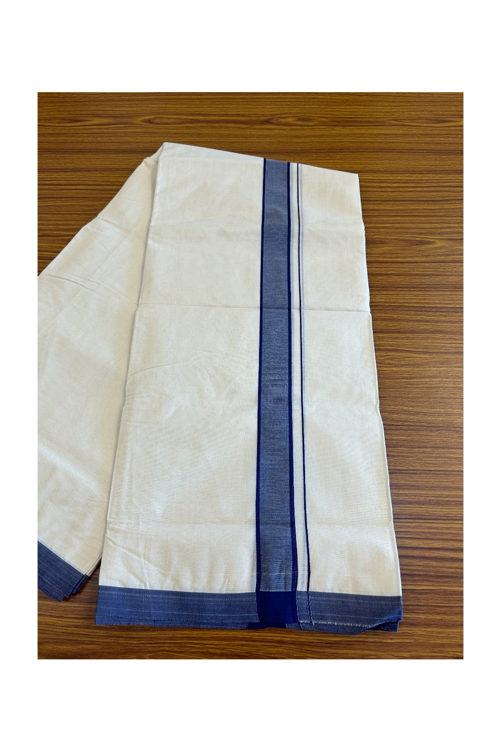 10% Discount KaithariKada Balaramapuram 100% Cotton Double Off white Mundu/Dhoti-100x100 2  inch Navy blue Kara - 11KK500KK