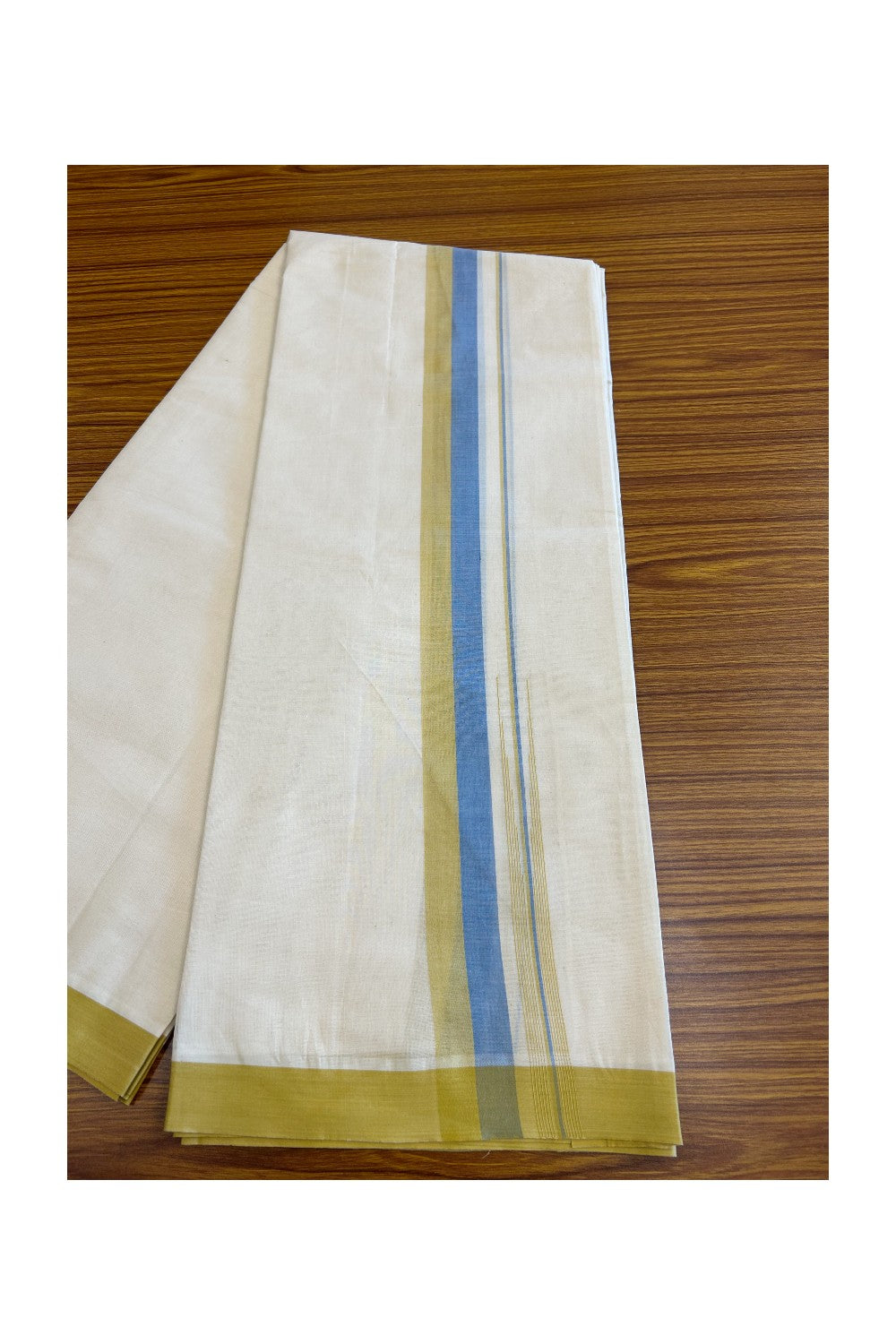 5% Discount!!! KaithariKada Balaramapuram  Double Off white - (Unbleached) Mundu/Dhoti - 80X90 - 1.75 inch Blue & Mustard Yellow shaded puliyilakkara striped chutty - 11KK5037KAI