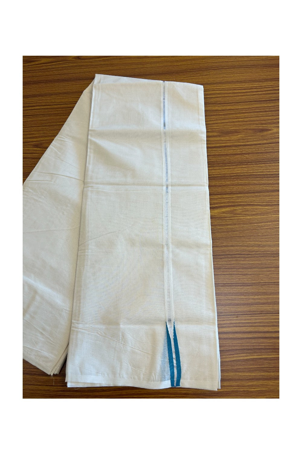 18% Discount KaithariKada Balaramapuram 100% Cotton Double Off White - (Unbleached) -  Mundu/Dhoti-100x100 - 1.5cm Silver Kasavu & Blue Green Chutty - 186