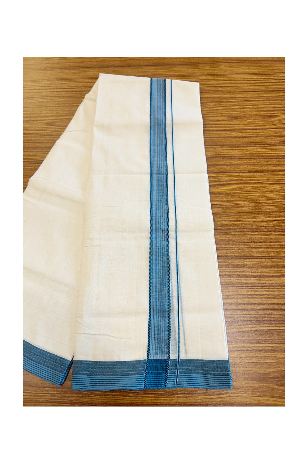 19% DISCOUNT!! KaithariKada HANDLOOM UNAKKUPAAV Balaramapuram - 100% PURE Cotton OFF White Double - (Unbleached) Mundu/Dothi - 1.75 inch Black & Blue Kara 3.82 meters - 11KK5049REA