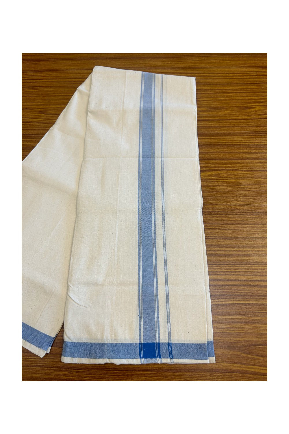 32% Discount KaithariKada 100% Cotton Balaramapuram HANDLOOM Single Mundu/Dhoti - Off White (Unbleached) 2inch Blue Kara-305