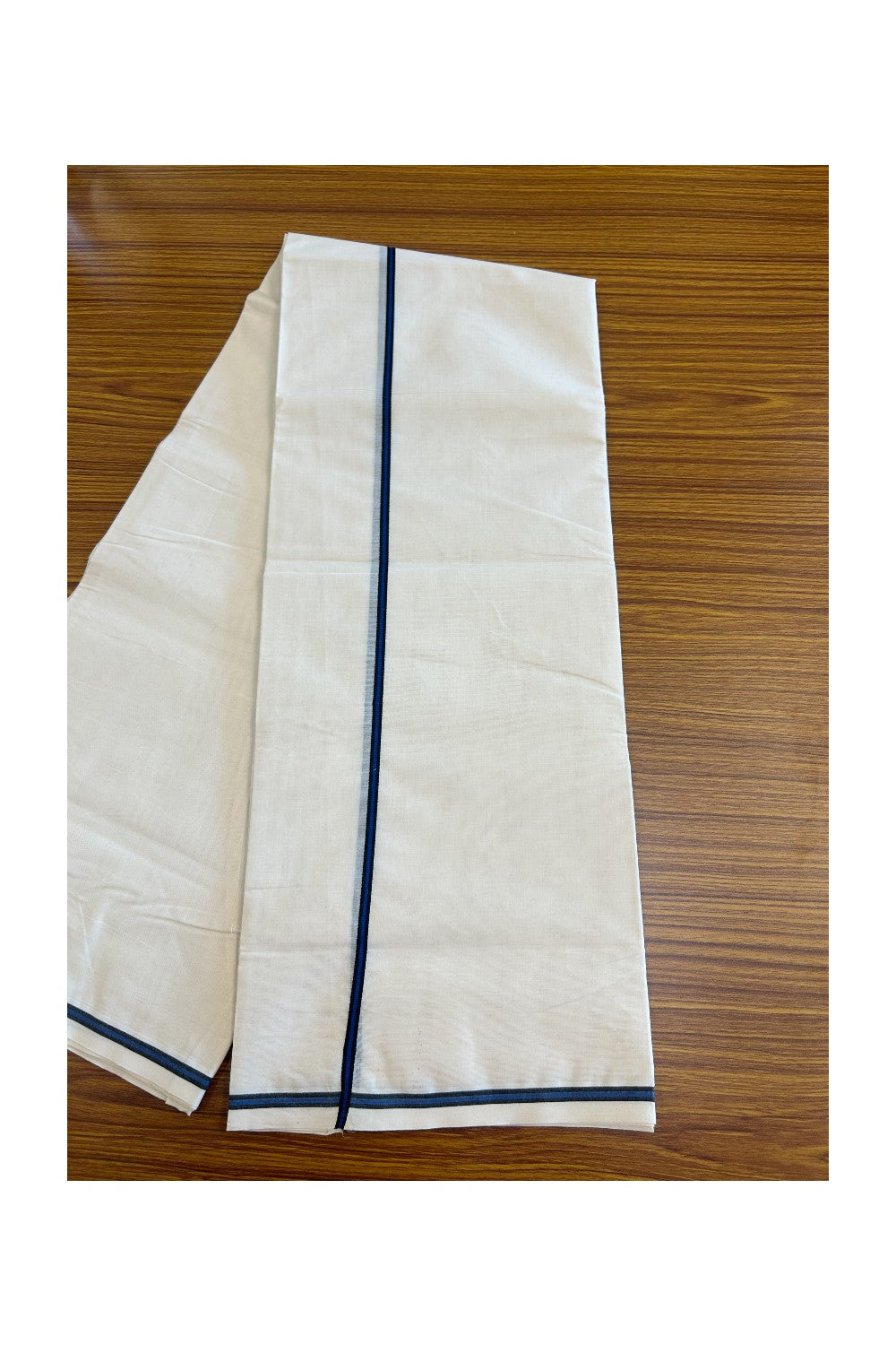 19% Discount !! KaithariKada Balaramapuram 100% Cotton Double off white - (Unbleached) Mundu/Dhoti - 100X100 0.25inch Deep Blue & Black Kara - 11KK5055ASH