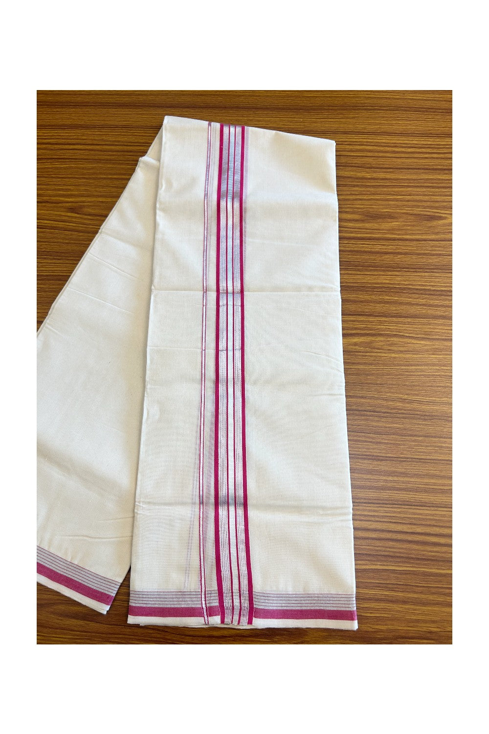 10% DISCOUNT! KaithariKada Balaramapuram Handloom 100% Cotton Double Off white  (Unbleached) Mundu/Dhoti-100X100- 2 inch  Silver Kasavu & MAGENTA Kara.-1