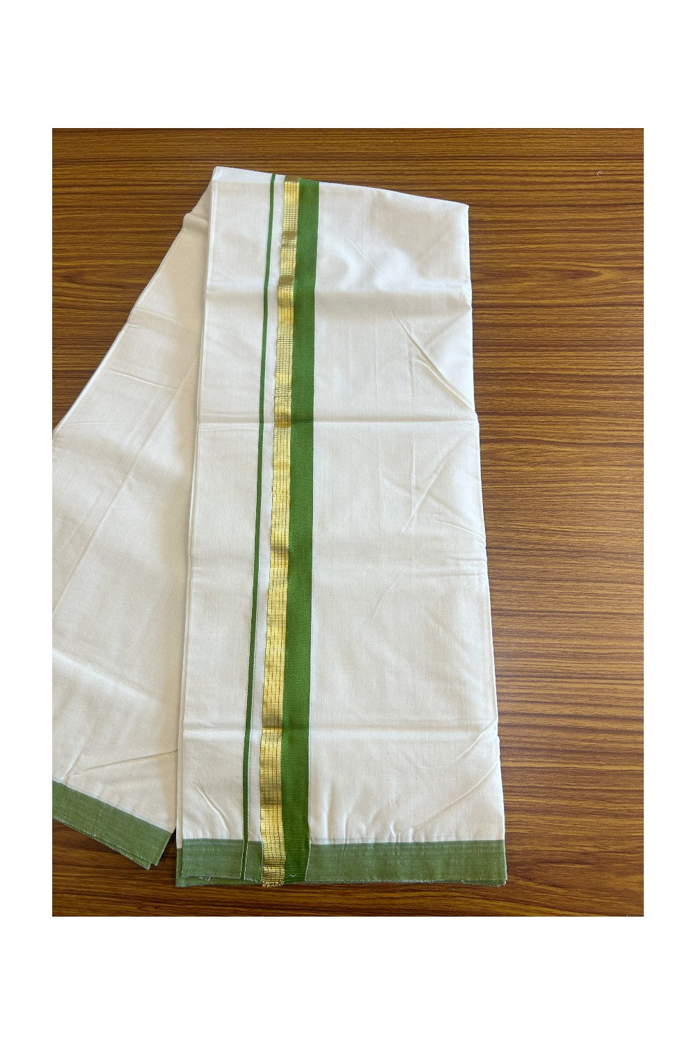 15% DISCOUNT! KaithariKada HANDLOOM Millpaav Balaramapuram - 100% PURE Cotton Off White -  Double Mundu/Dhoti -GREEN &1.5 inch  KASAVU STRIPES   KARA -2.