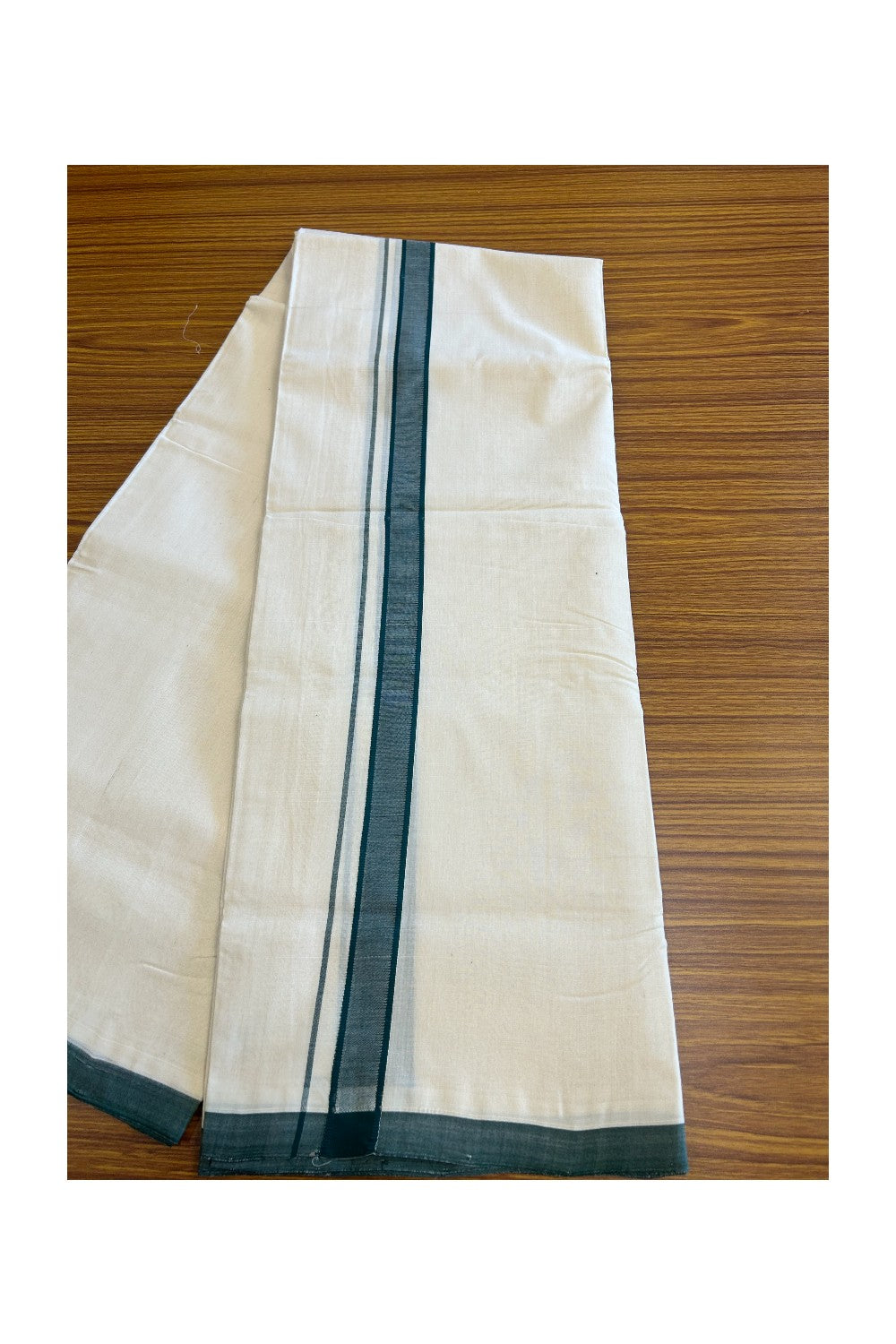 20% DISCOUNT! KaithariKada BALARAMAPURAM HANDLOOM Unakkupaav- 100% PURE Cotton 100x100 Double Mundu/Dhoti OFF WHITE (Unbleached) 3.8 mtr - Dark Green Kara