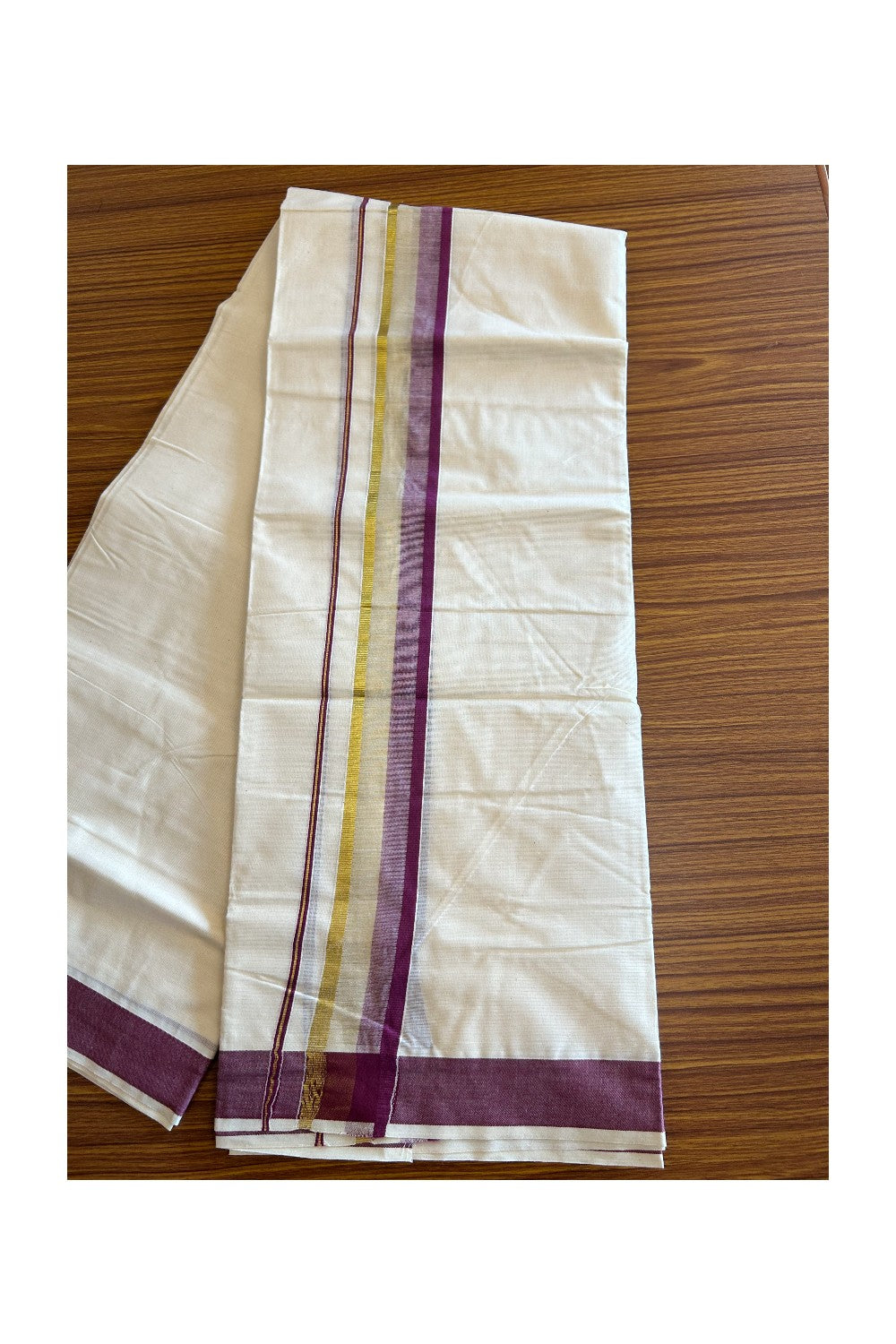 16% DISCOUNT!!! KaithariKada Balaramapuram 100%  Cotton off white - (Unbleached) Double  Mundu/Dhoti - 100X100  wine purple & kasavu  shaded kara - 8KK82VIN