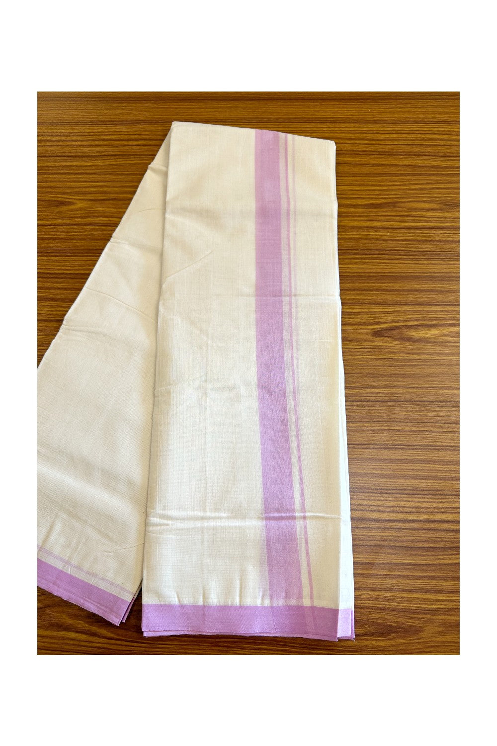 20% DISCOUNT!! KaithariKada HANDLOOM millpaav Balaramapuram - 100% PURE Cotton OFF White (Unbleached) Double Mundu/Dothi - 1.75 inch Lavender pink Mulloth Kara 3.75 Meters - 2KK409RAM