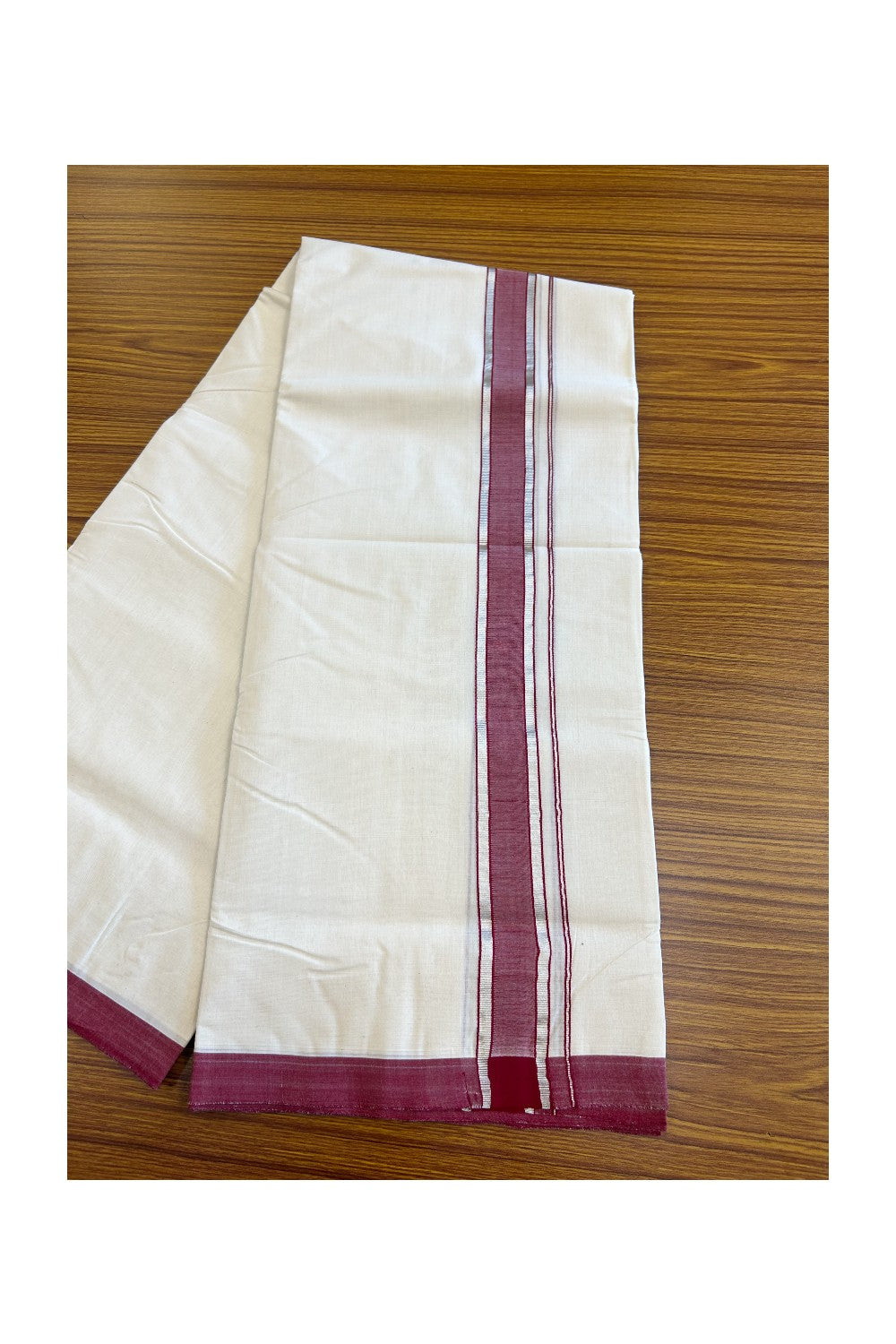 19% Discount !! KaithariKada HANDLOOM millpaav Balaramapuram - 100% PURE Cotton OFF White Double - (Unbleached)  Mundu/Dothi - 2.25  inch Silver kasavu & Maroon shaded kara 4.5 Meters (10 Muzham) - 11KK5081RAM