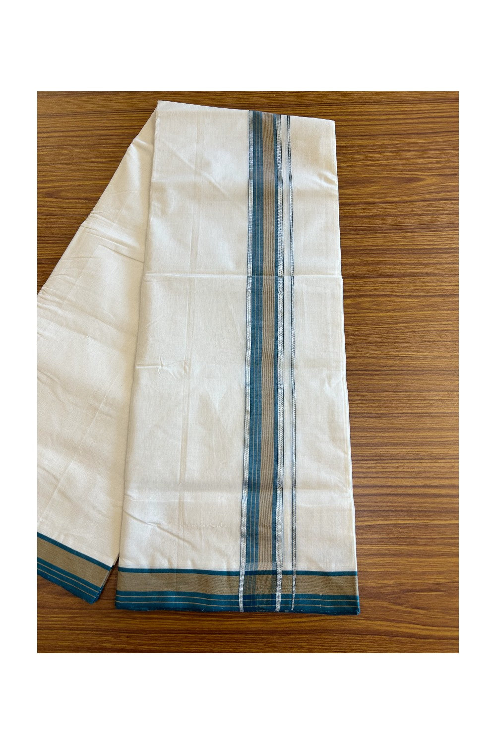 19% Discount !! KaithariKada HANDLOOM UNAKKUPAAV Balaramapuram - 100% PURE Cotton off white - (Unbleached) Double Mundu/Dhoti - 2.25 inch Silver kasavu Brown & Peacock Green Striped kara - 11KK5082RAM