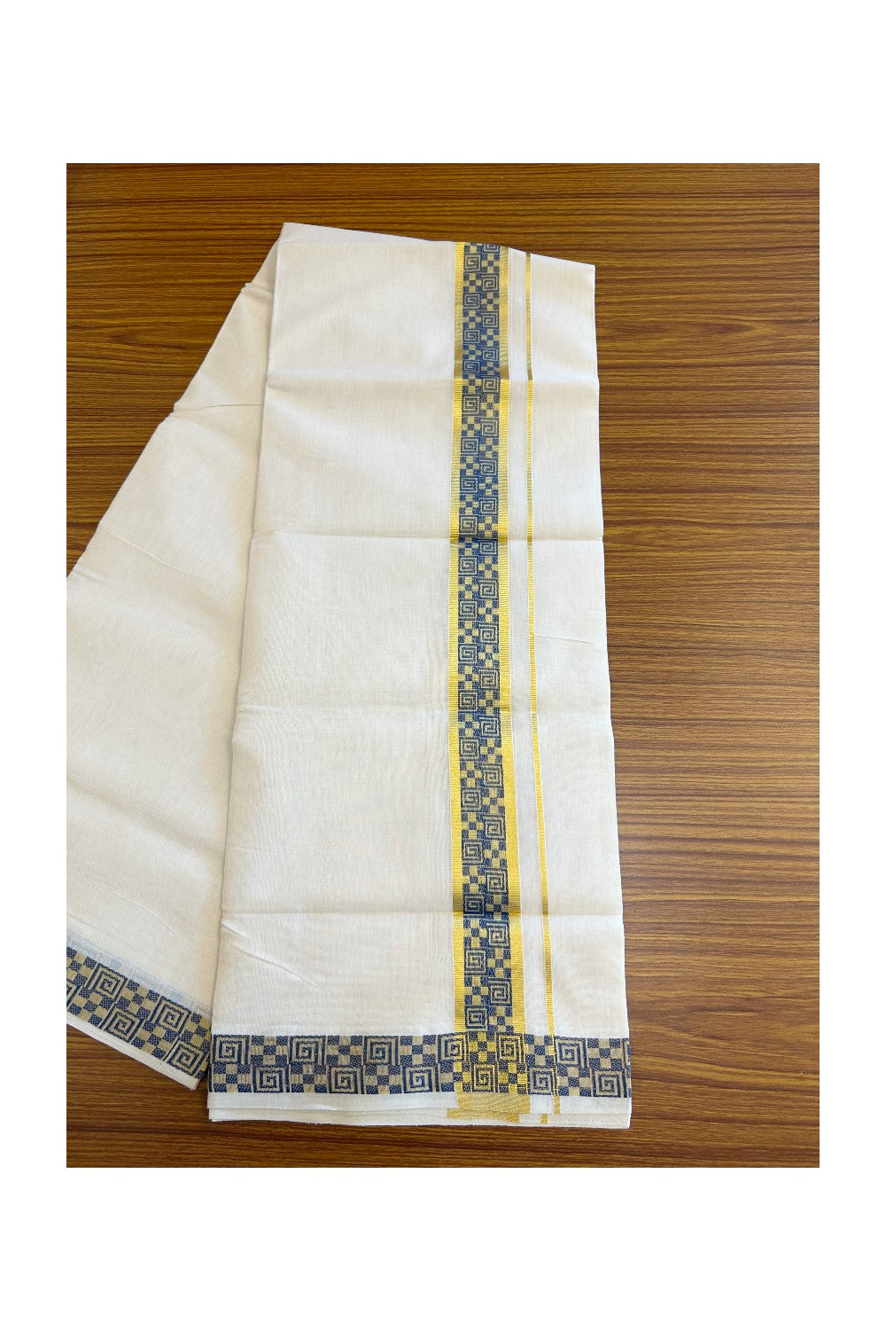 30% Discount!!! KaithariKada HANDLOOM UNAKKUPAAV Balaramapuram - 100% PURE Cotton off white (Unbleached) 100x100 - Double Mundu/Dhoti - 2.75 inch Kasavu & Blue pattern kara - 10KK5096YAR