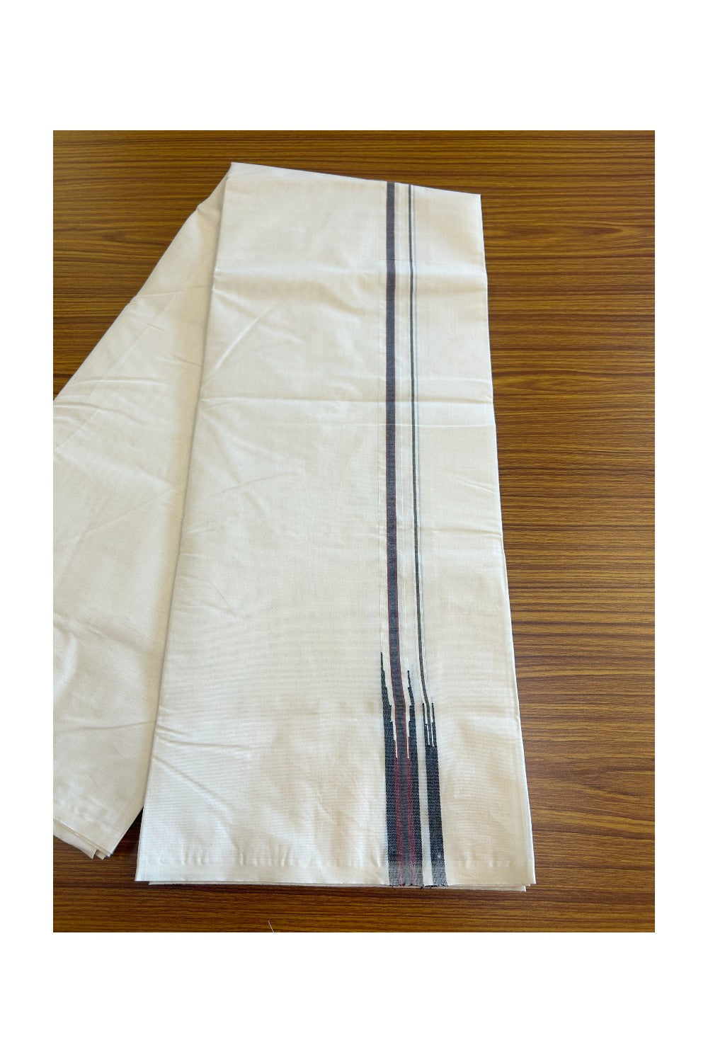 DMK Veshti - 19% Discount !! KaithariKada Balaramapuram Double Off white - (Unbleached) Mundu/Dhoti - 100X100 - 0.75 inch Puliyilakkara Maroon & Black Double Chutty Kara - 11KK5101ASH