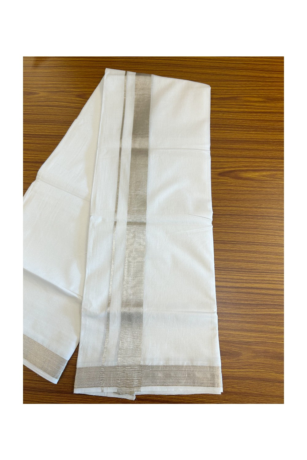 20% DISCOUNT! KaithariKada Balaramapuram 100% Cotton Double PURE white Mundu/Dhoti - 100x80 - 1.5 inch Silver Kasavu Kara - 11KK5109THI