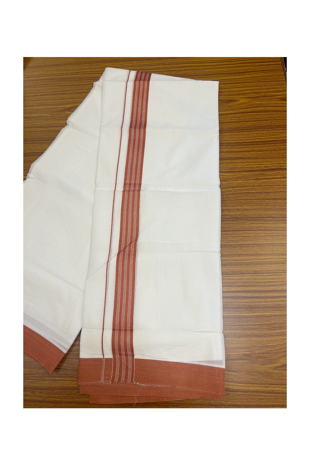 20% DISCOUNT! KaithariKada Balaramapuram 100% Cotton Double PURE white Mundu/Dhoti - 100x80 - 1.25 Inch Brick Red Center Striped Kara - 11KK5135GAN