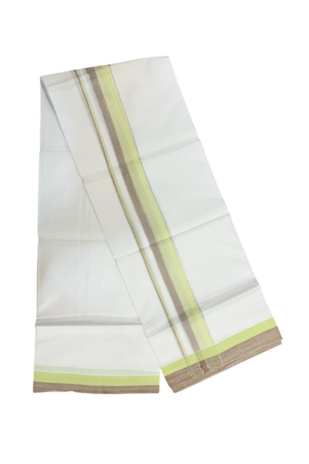 20% Discount !! KaithariKada Balaramapuram Double PURE WHITE Mundu/Dhoti- 100x80 - 1.5 inch Fluorescent Green Brown Kara Silver Striped kara - 11KK5143PMC