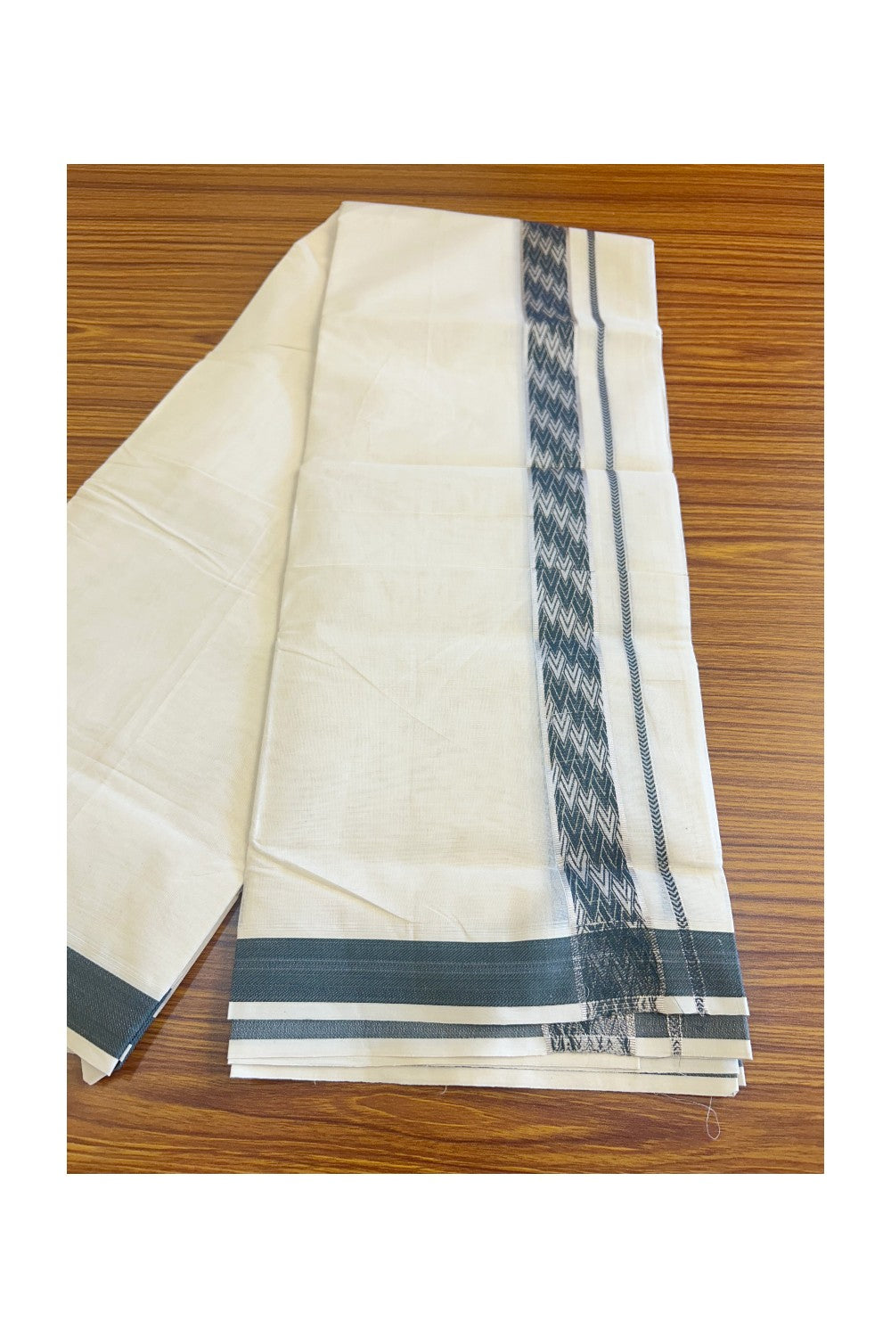 21% DISCOUNT ! KaithariKada Balaramapuram 100%  Cotton off white (Unbleached) Double  Mundu/Dhoti - 100X100 Silver kasavu Dark green designer kara - 11KK78PMC