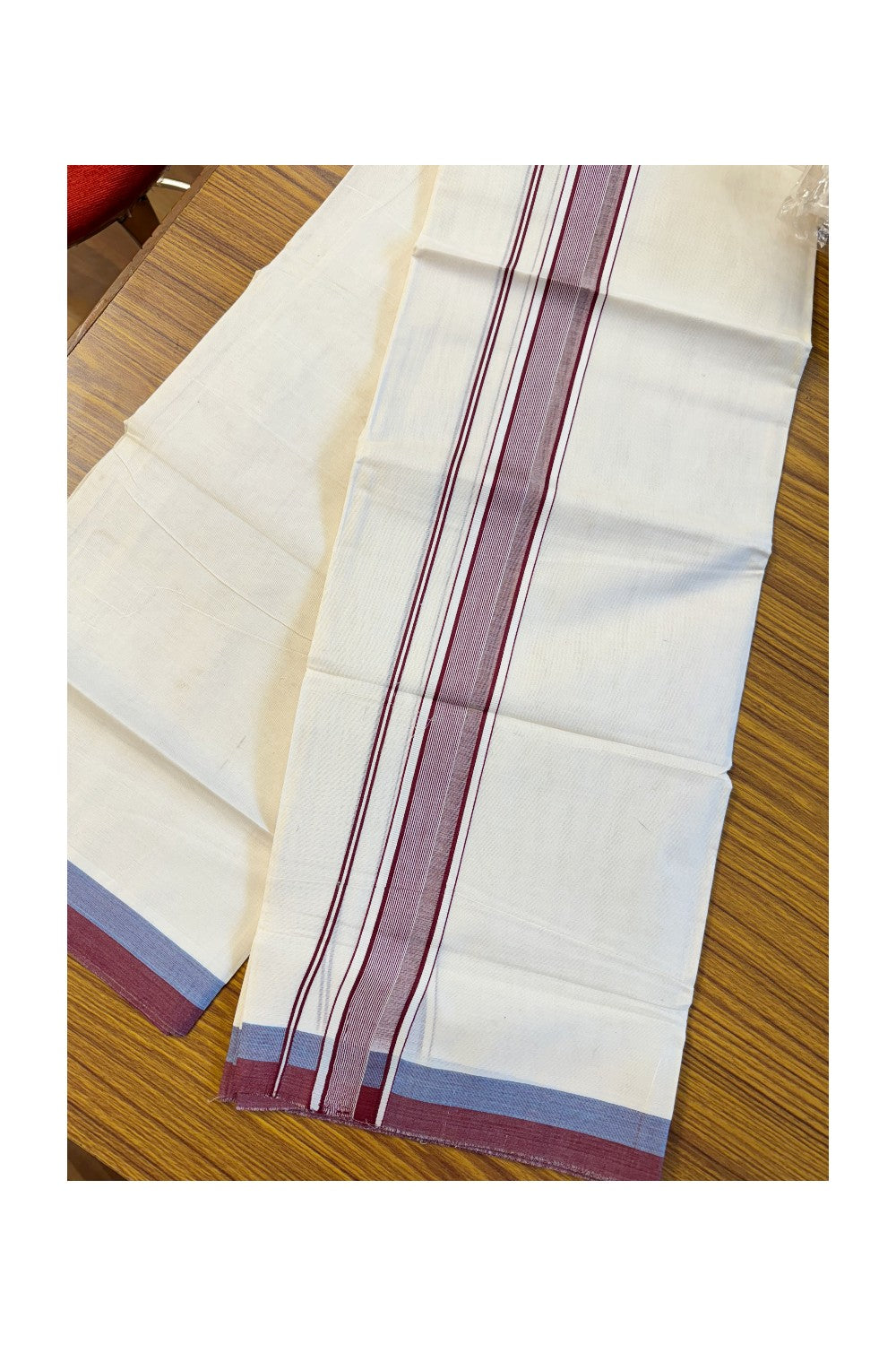 19% DISCOUNT ! KaithariKada Balaramapuram 100%  Cotton off white Double  Mundu/Dhoti - 100X100  Maroon shaded kara with side stripes - 11KK81VIN