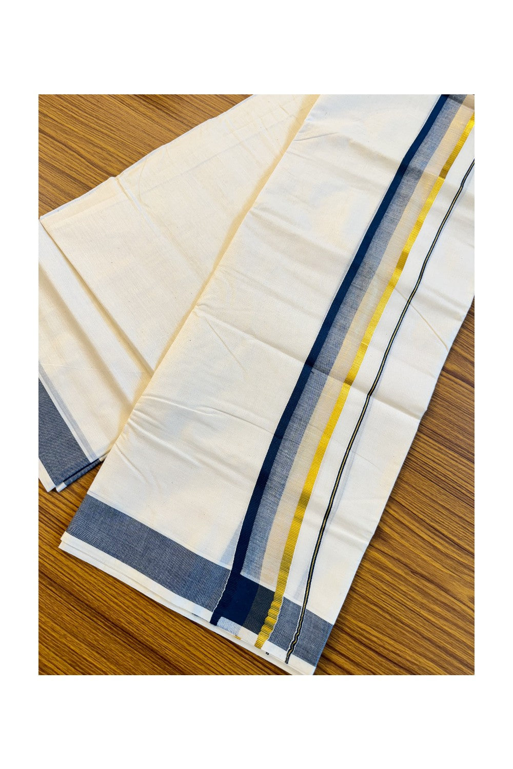 16% DISCOUNT!!! KaithariKada Balaramapuram 100%  Cotton off white - (Unbleached) Double  Mundu/Dhoti - 100X100  navy blue & kasavu  shaded kara - 11KK82VIN