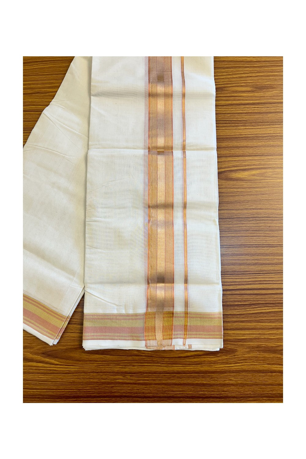 18% DISCOUNT!! KaithariKada HANDLOOM Millpaav Balaramapuram - 100% PURE Cotton OFF White Double Mundu/Dothi - 3 inch Copper & kasavu striped kara - 11KK410RAM