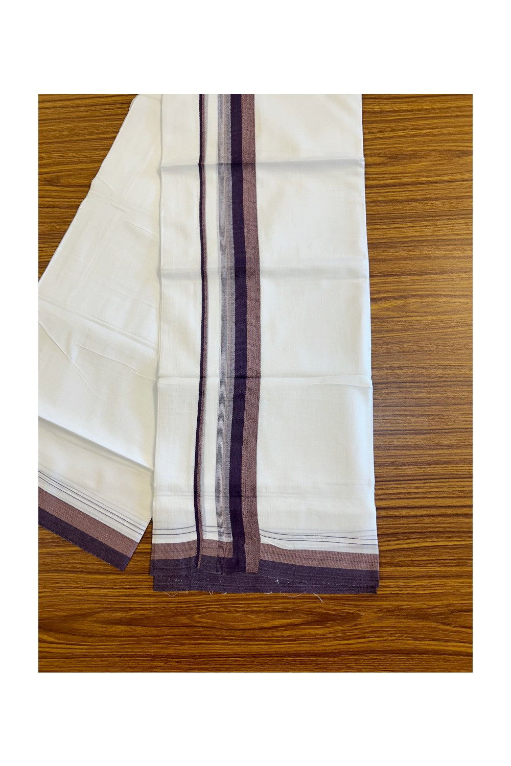 26% DISCOUNT!!! KaithariKada Balaramapuram 100% Cotton PURE white Double Mundu/Dhoti-100x90   2.25 Inch Wine Purple shaded stripes kara  - 11KK448VIN