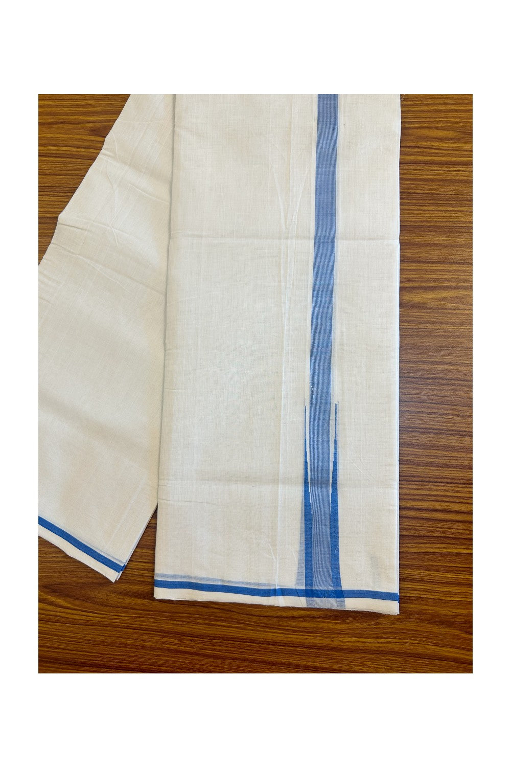 15% DISCOUNT!! KaithariKada HANDLOOM UNAKKUPAAV Balaramapuram - 100% PURE Cotton OFF White (Unbleached) Double Mundu/Dothi - Puliyilakkara chutty 1.25 inch Blue & Silver stripes - 11KK453RAM