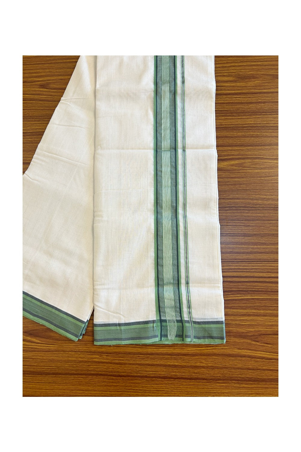 15% DISCOUNT!! KaithariKada HANDLOOM UNAKKUPAAV Balaramapuram - 100% PURE Cotton OFF White (Unbleached) Double Mundu/Dothi - Light green & Black silver striped kara - 11KK458SOM