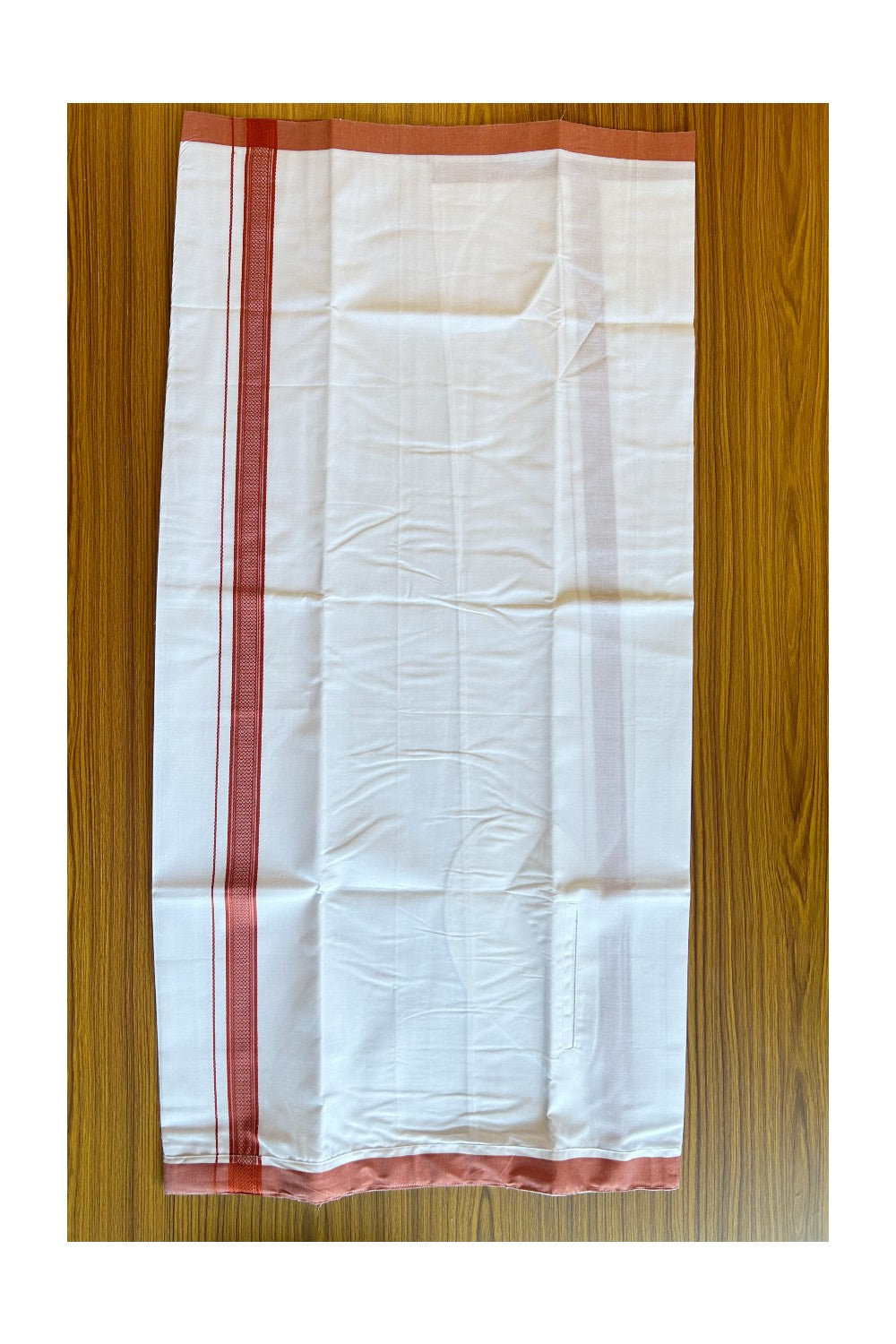 KaithariKada Balaramapuram  COTTON SINGLE PURE WHITE VELCRO Mundu/Dhoti - 1.5inch Maroon kara - 11KK485SRI