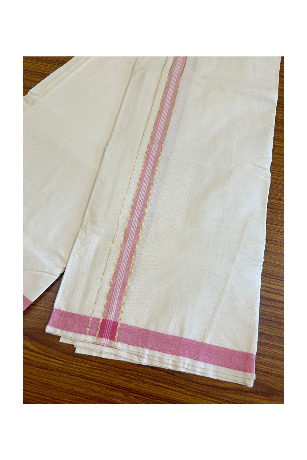 32% Discount KaithariKada 100% Cotton Balaramapuram HANDLOOM Single Mundu/Dhoti - Off White (Unbleached) 1.25 inch Kasavu & Pink Striped Kara  - 11KK499KK