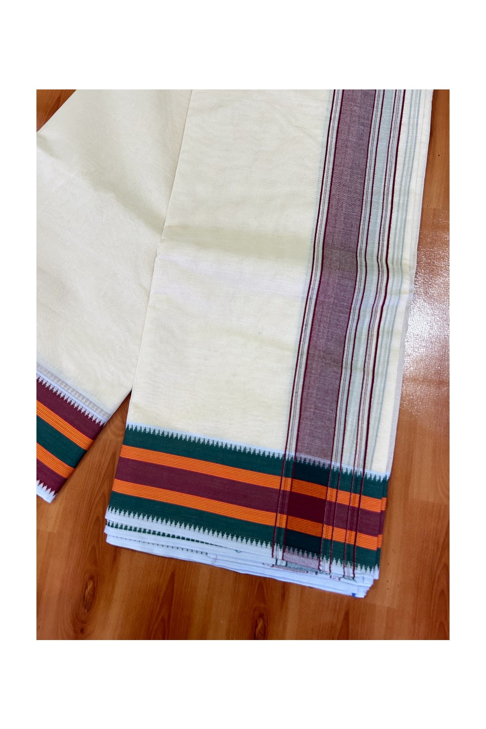 37% DISCOUNT! KaithariKada 100% Cotton Off White - (Unbleached) - Pure Cotton -100x100 thread -  NORTH INDIAN -  ATTACHED GAMCHA 10x6 Dhoti Maroon kara with Green Orange & Maroon border - 11KK5004PMC