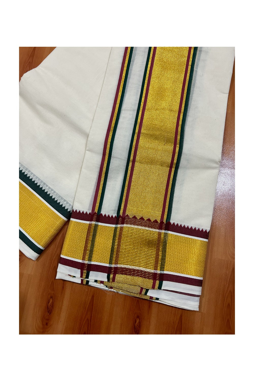 36% DISCOUNT! KaithariKada Cotton Mix  Off White - (Unbleached) - 80x80 thread - 80% Cotton & 20% Polyester - NORTH INDIAN - ATTACHED GAMCHA 9X5 Dhoti 5 inch Kasavu Green Magenta kara with Green & Maroon Kasavu border  - 11KK5005PMC