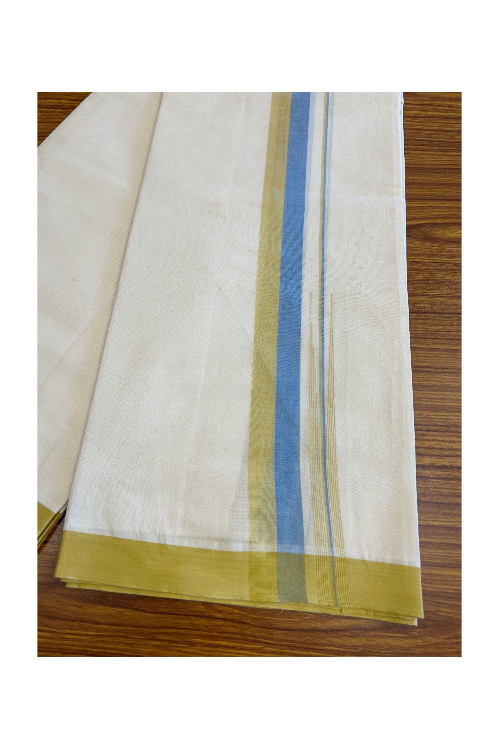 5% Discount!!! KaithariKada Balaramapuram  Double Off white - (Unbleached) Mundu/Dhoti - 80X90 - 1.75 inch Blue & Mustard Yellow shaded puliyilakkara striped chutty - 11KK5037KAI