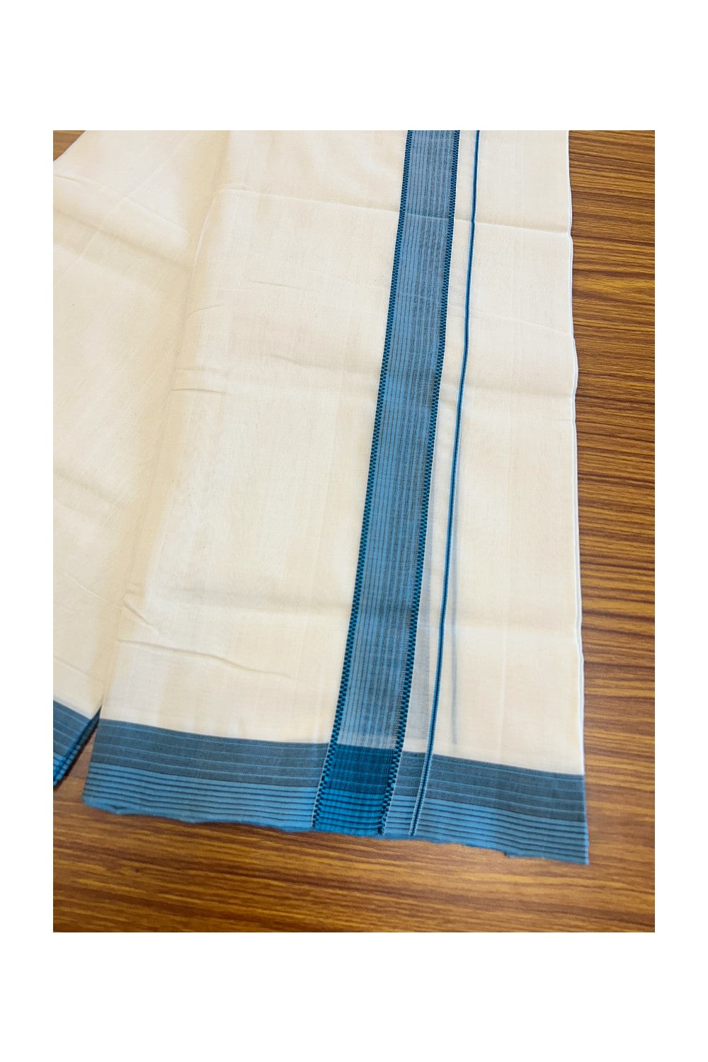 19% DISCOUNT!! KaithariKada HANDLOOM UNAKKUPAAV Balaramapuram - 100% PURE Cotton OFF White Double - (Unbleached) Mundu/Dothi - 1.75 inch Black & Blue Kara 3.82 meters - 11KK5049REA