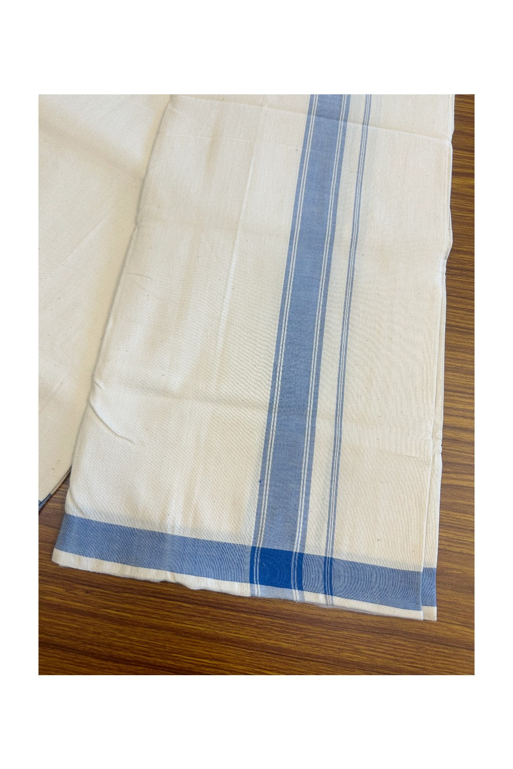 32% Discount KaithariKada 100% Cotton Balaramapuram HANDLOOM Single Mundu/Dhoti - Off White (Unbleached) 2inch Blue Kara-305