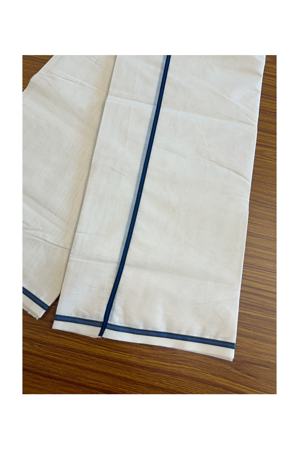 19% Discount !! KaithariKada Balaramapuram 100% Cotton Double off white - (Unbleached) Mundu/Dhoti - 100X100 0.25inch Deep Blue & Black Kara - 11KK5055ASH