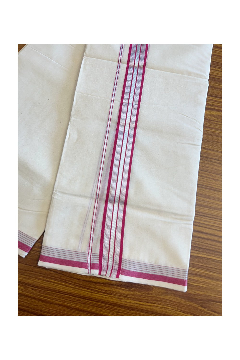 10% DISCOUNT! KaithariKada Balaramapuram Handloom 100% Cotton Double Off white  (Unbleached) Mundu/Dhoti-100X100- 2 inch  Silver Kasavu & MAGENTA Kara.-1