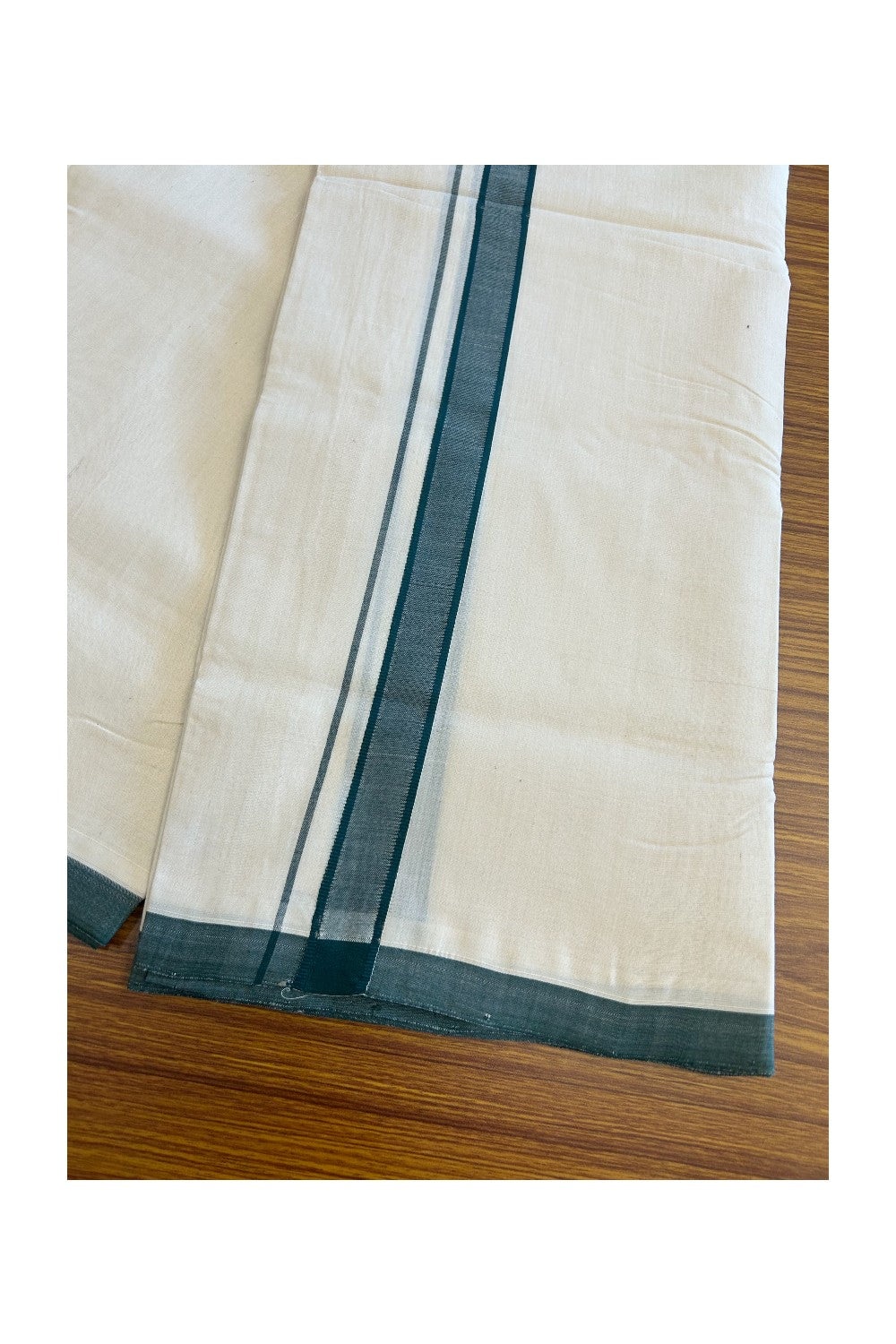 20% DISCOUNT! KaithariKada BALARAMAPURAM HANDLOOM Unakkupaav- 100% PURE Cotton 100x100 Double Mundu/Dhoti OFF WHITE (Unbleached) 3.8 mtr - Dark Green Kara