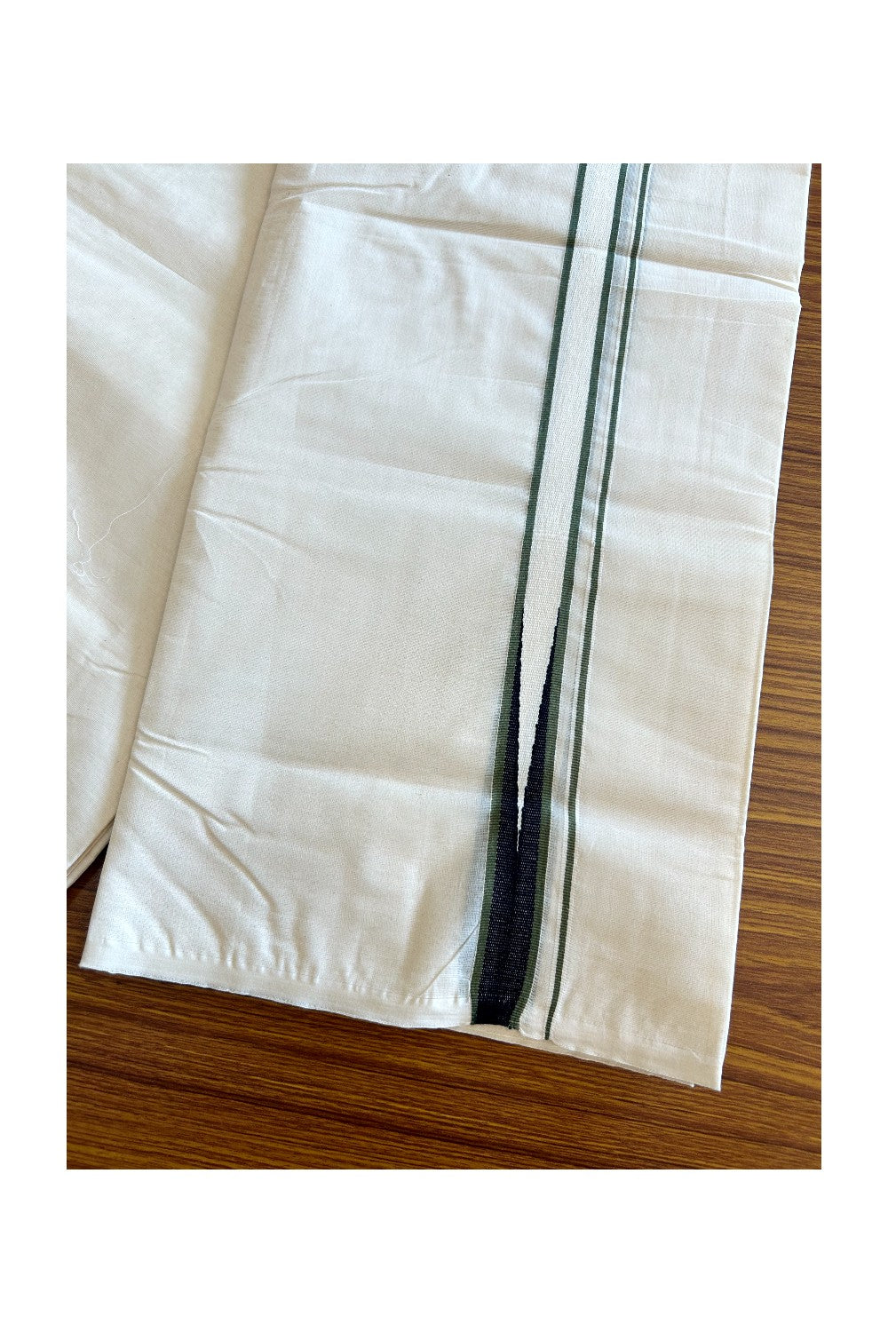 26% OFFER ! KaithariKada Balaramapuram 100% Cotton Double OFF WHITE - (Unbleached) Mundu/Dhoti - 100x100 - 1.25 inch Puliyilakkara Olive Green & Black Heavy Chutty - 11KK5063KK