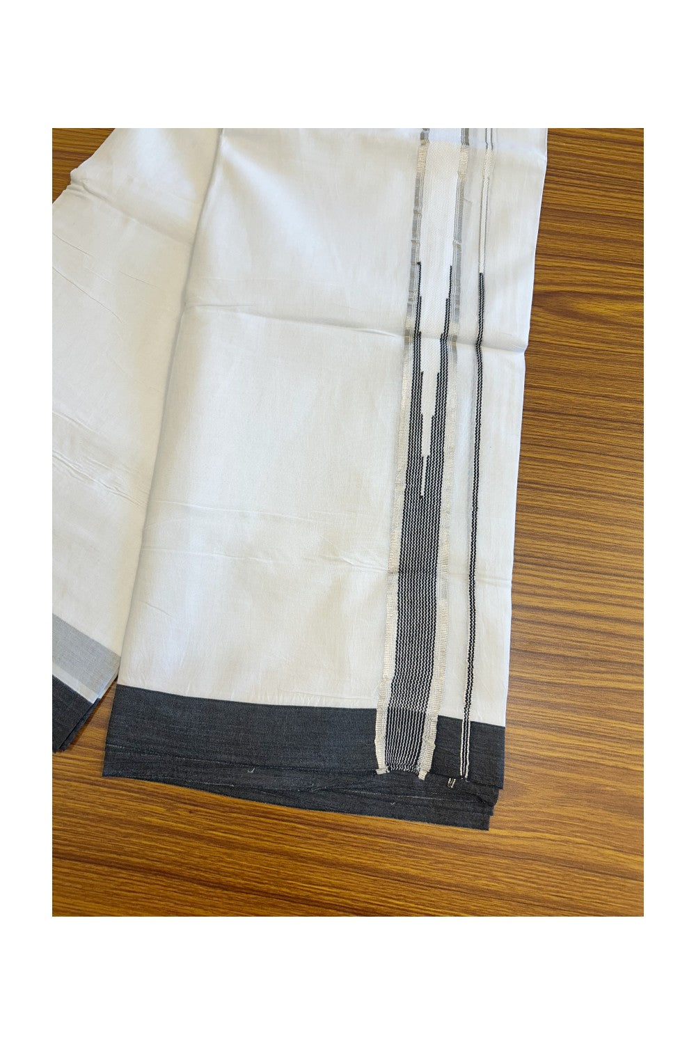 21% DISCOUNT! KaithariKada Balaramapuram 100% Cotton Double PURE white Mundu/Dhoti-100x92 - 2 Inch Heavy Designer Chutty LIGHT Black & Silver Kasavu Kara - 11KK5066KK